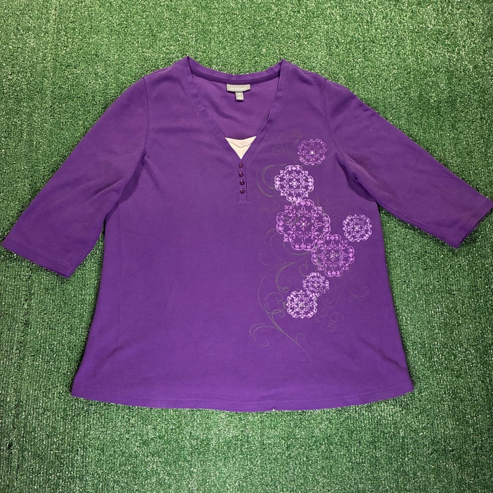 Y2K Essentials Purple Floral‎ Graphic Henley T-shirt